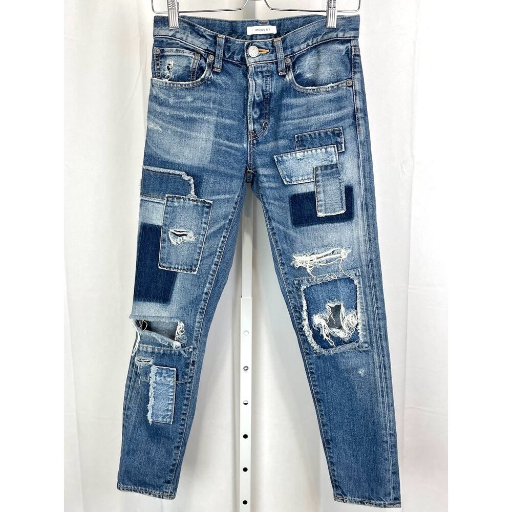 MOUSSY Vintage Patched Tapered Jeans Japan Crop Button Fly Distressed Blue 25